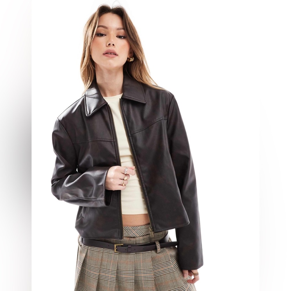 NWT ASOS DESIGN leather look top collar jacket in washed brown A size L